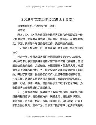 2019年党委工作会议讲话（县委）