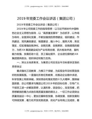 2019年党委工作会议讲话（集团公司）
