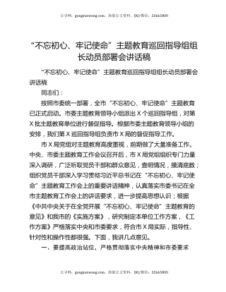 “不忘初心、牢记使命”主题教育巡回指导组组长动员部署会讲话稿