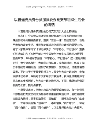 以普通党员身份参加县委办党支部组织生活会的讲话
