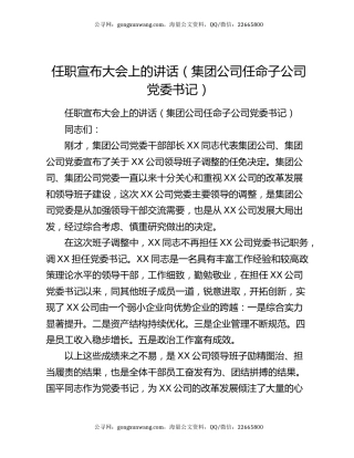 任职宣布大会上的讲话（集团公司任命子公司党委书记）