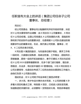 任职宣布大会上的讲话（集团公司任命子公司董事长、总经理）