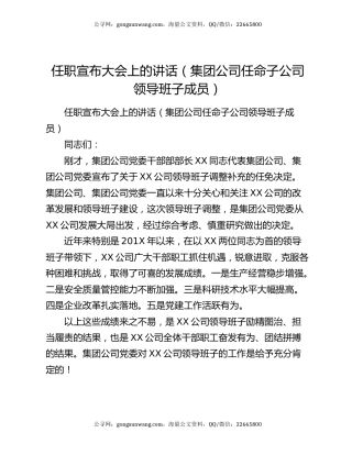 任职宣布大会上的讲话（集团公司任命子公司领导班子成员）