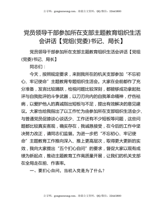 党员领导干部参加所在支部主题教育组织生活会讲话【党组(党委)书记、局长】