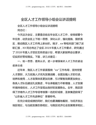 全区人才工作领导小组会议讲话提纲