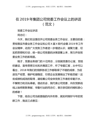 在2019年集团公司党委工作会议上的讲话（范文）