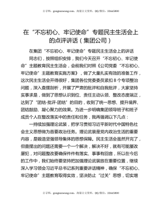 在“不忘初心、牢记使命”专题民主生活会上的点评讲话（集团公司）