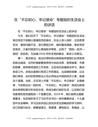 在“不忘初心、牢记使命”专题组织生活会上的讲话