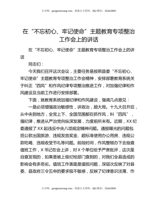 在“不忘初心、牢记使命”主题教育专项整治工作会上的讲话