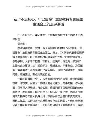 在“不忘初心、牢记使命”主题教育专题民主生活会上的点评讲话