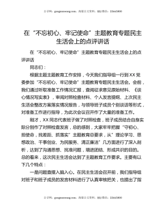 在“不忘初心、牢记使命”主题教育专题民主生活会上的点评讲话7764