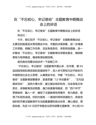 在“不忘初心、牢记使命”主题教育中期推动会上的讲话