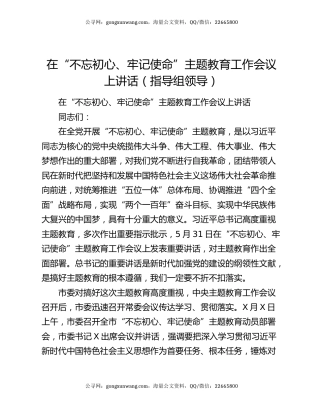 在“不忘初心、牢记使命”主题教育工作会议上讲话（指导组领导）
