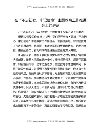 在“不忘初心、牢记使命”主题教育工作推进会上的讲话