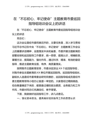 在“不忘初心、牢记使命”主题教育市委巡回指导组培训会议上的讲话