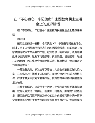 在“不忘初心、牢记使命”主题教育民主生活会上的点评讲话