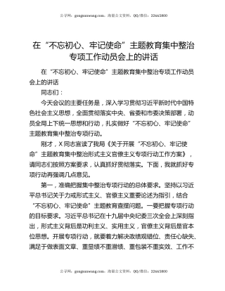 在“不忘初心、牢记使命”主题教育集中整治专项工作动员会上的讲话