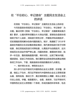在“不忘初心、牢记使命”主题民主生活会上的讲话