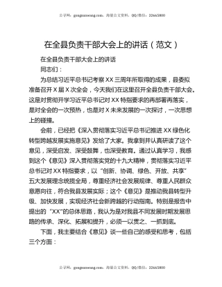 在全县负责干部大会上的讲话（范文）