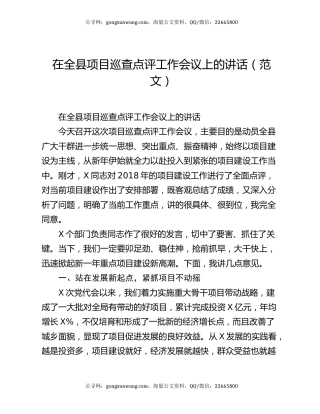 在全县项目巡查点评工作会议上的讲话（范文）