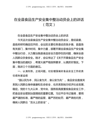 在全县食品生产安全集中整治动员会上的讲话（范文）