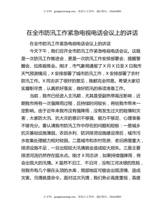 在全市防汛工作紧急电视电话会议上的讲话