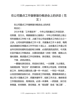 在公司重点工作督察督办推进会上的讲话（范文）