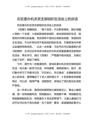 在区委办机关党支部组织生活会上的讲话