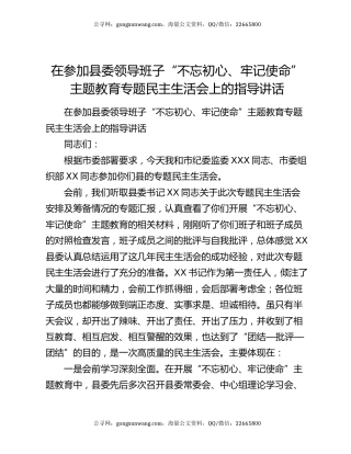 在参加县委领导班子“不忘初心、牢记使命”主题教育专题民主生活会上的指导讲话