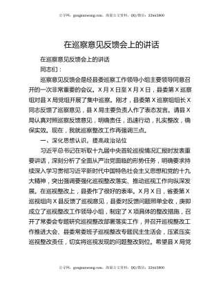 在巡察意见反馈会上的讲话