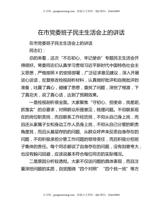 在市党委班子民主生活会上的讲话