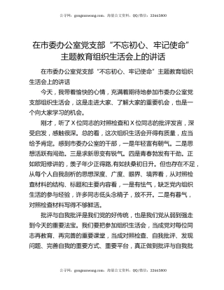 在市委办公室党支部“不忘初心、牢记使命”主题教育组织生活会上的讲话