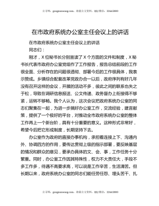 在市政府系统办公室主任会议上的讲话