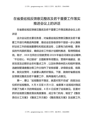 在省委巡视反馈意见整改及若干重要工作落实推进会议上的讲话