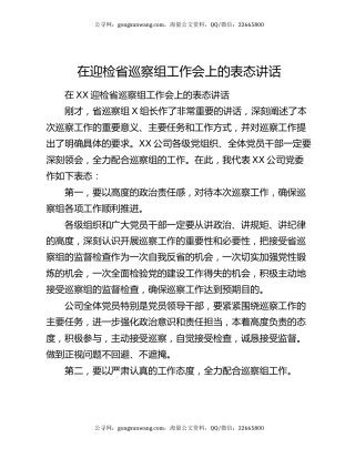 在迎检省巡察组工作会上的表态讲话