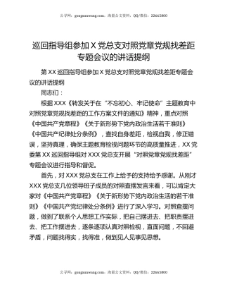 巡回指导组参加X党总支对照党章党规找差距专题会议的讲话提纲