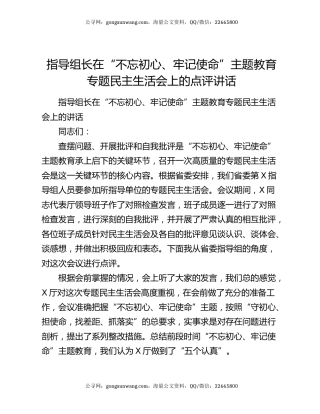 指导组长在“不忘初心、牢记使命”主题教育专题民主生活会上的点评讲话