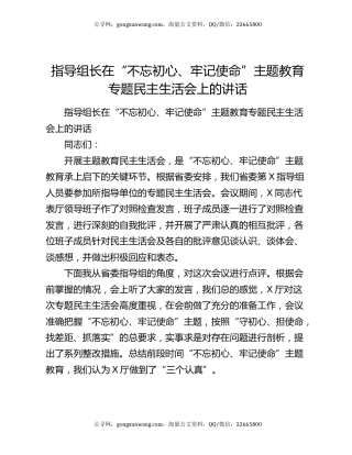 指导组长在“不忘初心、牢记使命”主题教育专题民主生活会上的讲话