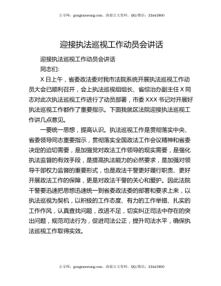 迎接执法巡视工作动员会讲话