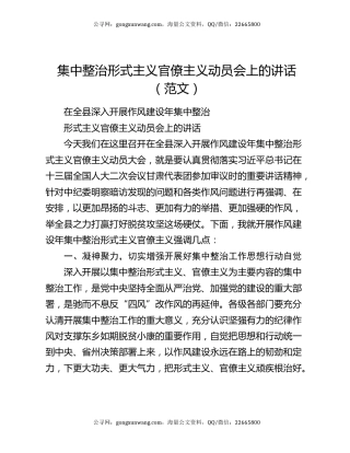 集中整治形式主义官僚主义动员会上的讲话（范文）