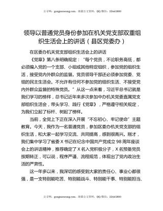 领导以普通党员身份参加在机关党支部双重组织生活会上的讲话（县区党委办）