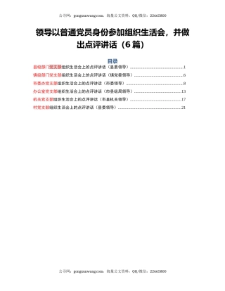 领导以普通党员身份参加组织生活会，并做出点评讲话（6篇）