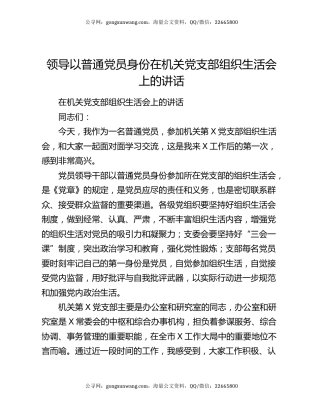 领导以普通党员身份在机关党支部组织生活会上的讲话5279
