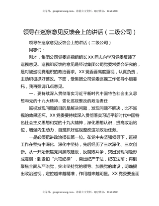 领导在巡察意见反馈会上的讲话（二级公司）