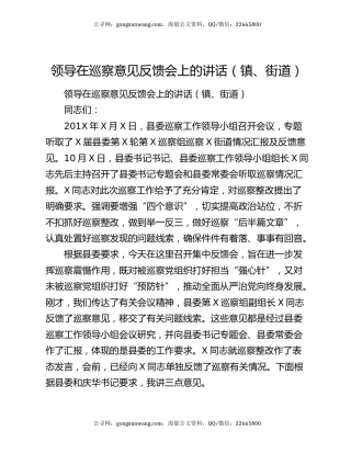 领导在巡察意见反馈会上的讲话（镇、街道）