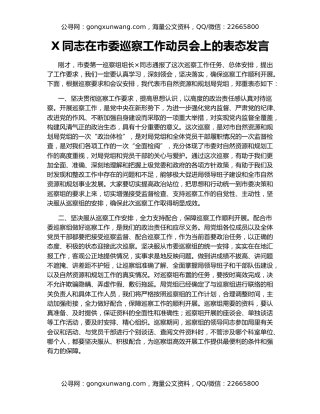 X同志在市委巡察工作动员会上的表态发言