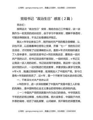 党组书记“政治生日”感言（2篇）