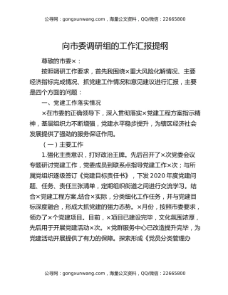 向市委调研组的工作汇报提纲