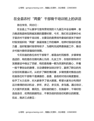在全县农村“两委”干部骨干培训班上的讲话