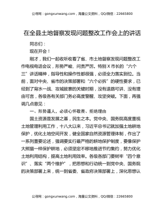 在全县土地督察发现问题整改工作会上的讲话